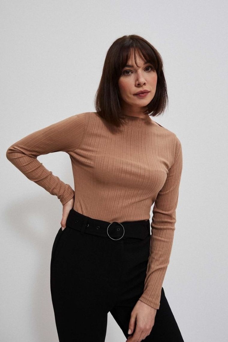 Bluzka damska z długim rękawem, beżowa, Moodo