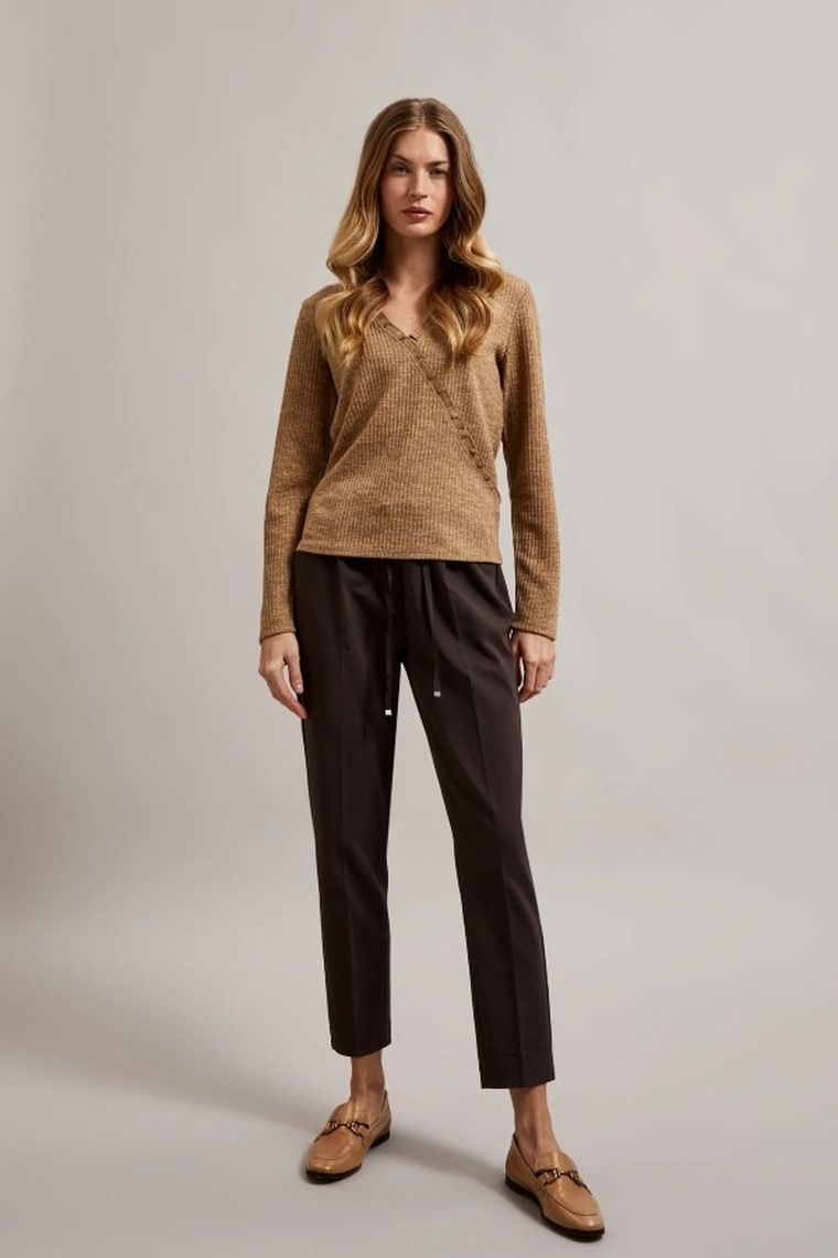 Bluzka damska z długim rękawem, beżowa, Moodo