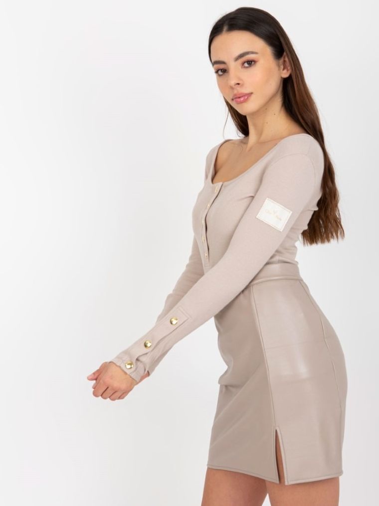 Bluzka damska z długim rękawem, beżowa, Och Bella