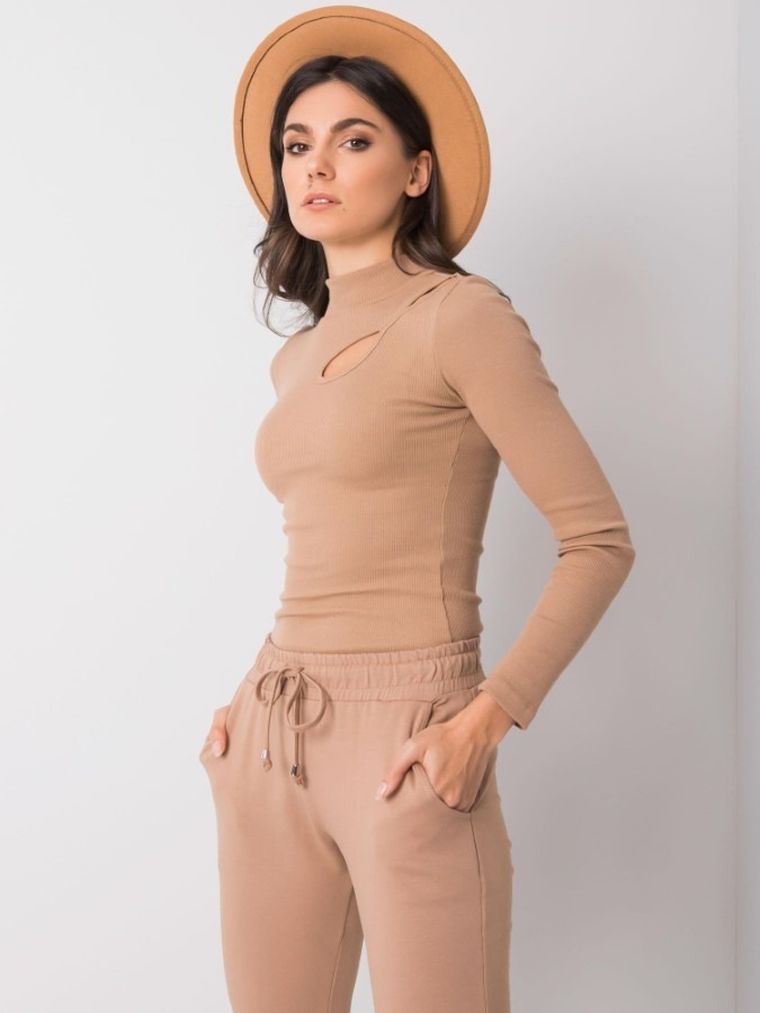 Bluzka damska z długim rękawem, beżowa, Rue Paris