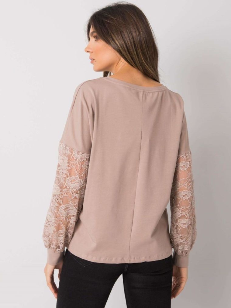 Bluzka damska z długim rękawem, beżowa, Rue Paris