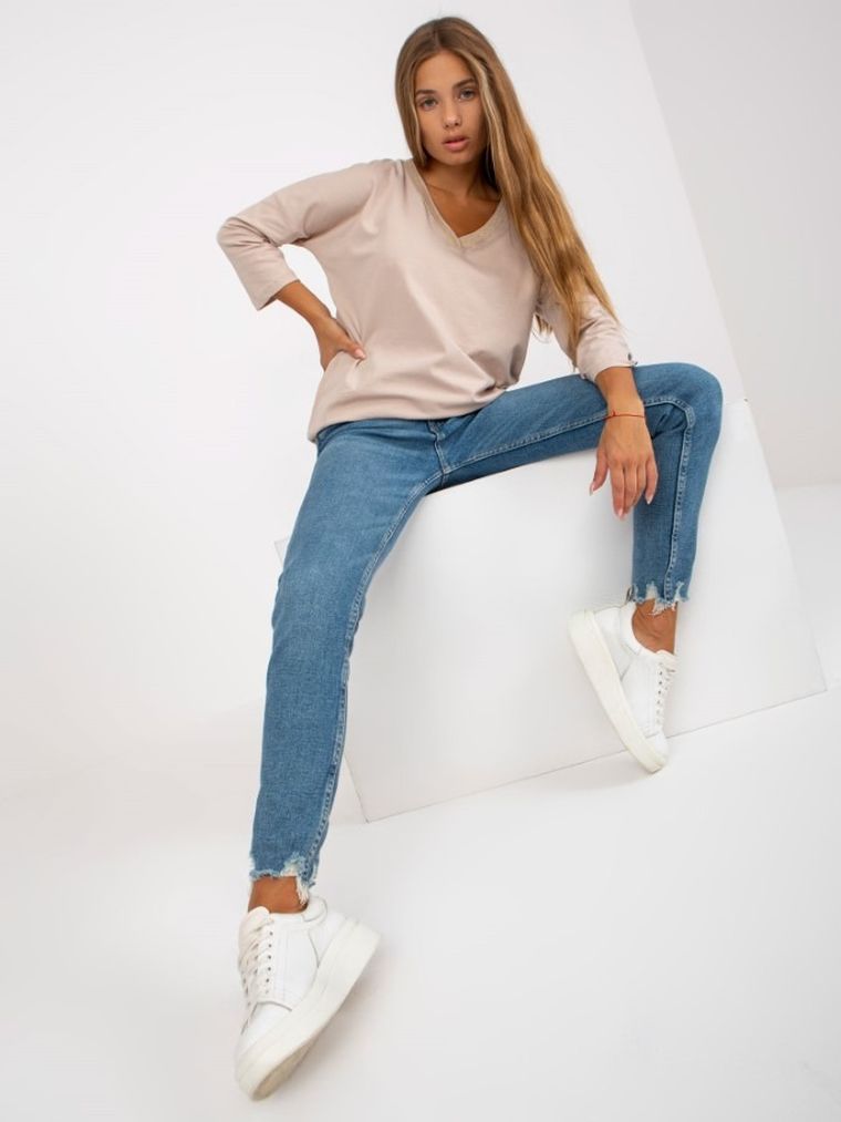 Bluzka damska z długim rękawem, beżowa, Rue Paris