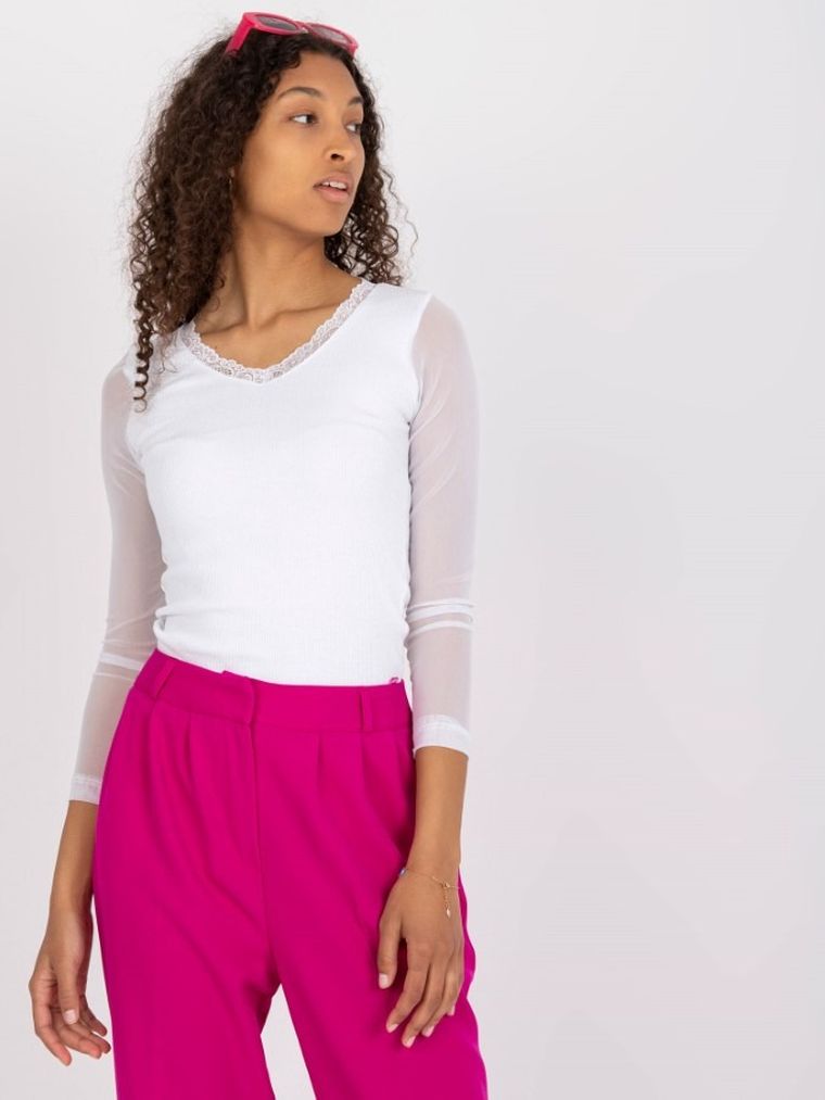 Bluzka damska z długim rękawem, biała, Rue Paris