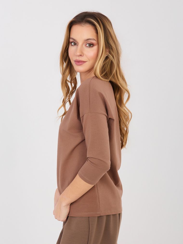 Bluzka damska z długim rękawem, brązowa, Basic Feel Good