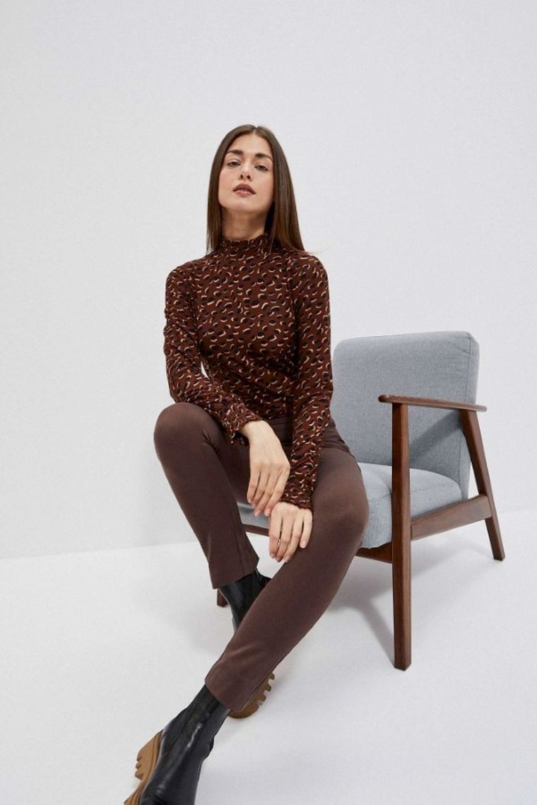 Bluzka damska z długim rękawem, brązowa, Moodo