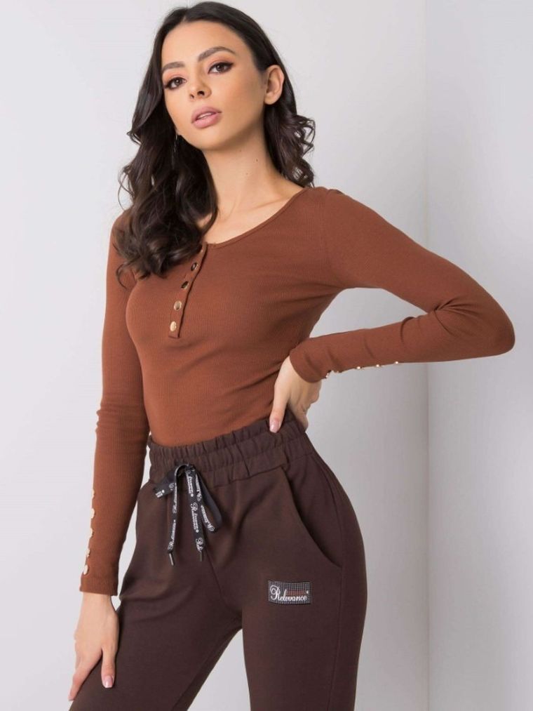Bluzka damska z długim rękawem, brązowa, Rue Paris