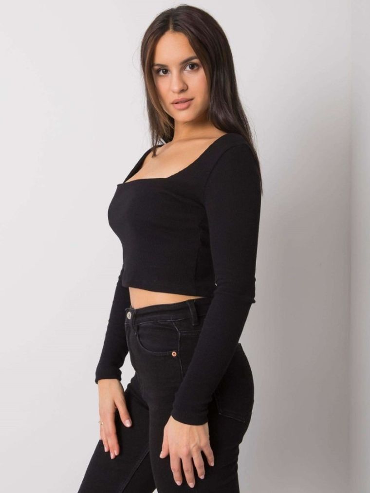 Bluzka damska z długim rękawem, crop top, czarna, Rue Paris