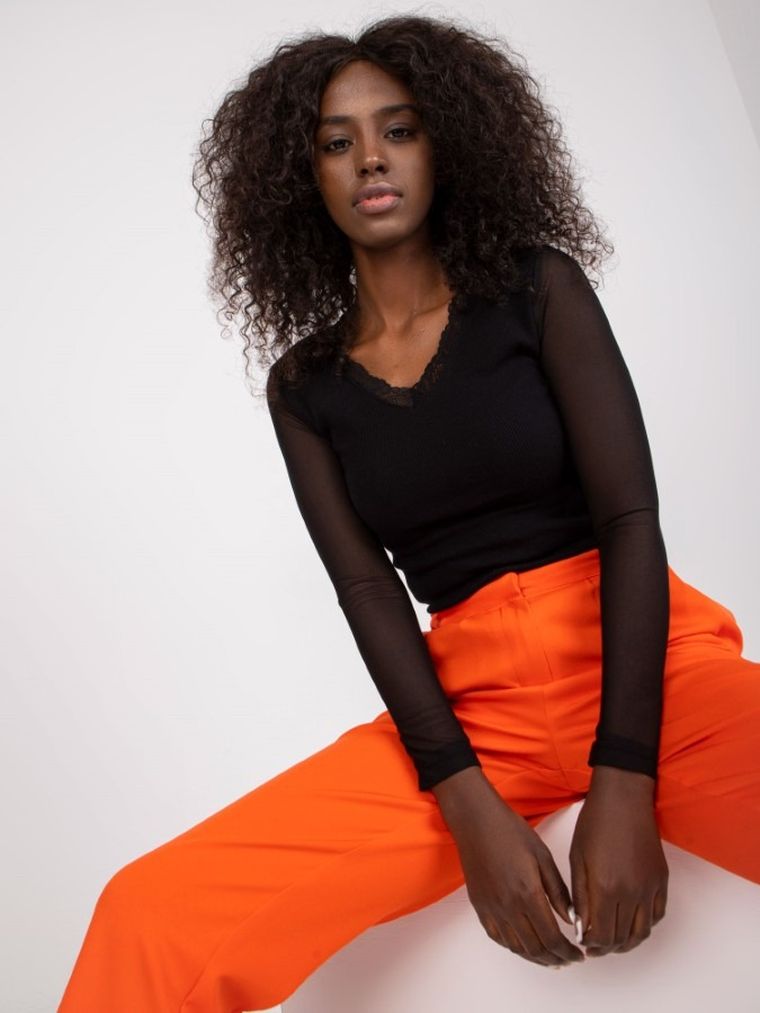 Bluzka damska z długim rękawem, czarna, Rue Paris