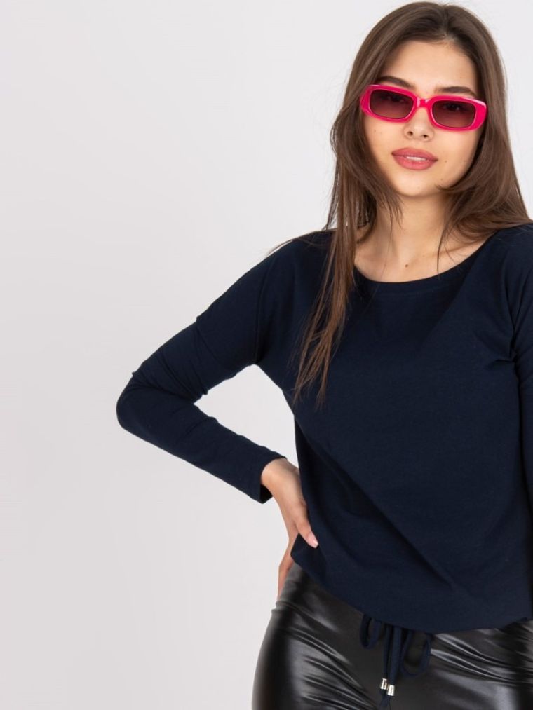 Bluzka damska z długim rękawem, granatowa, Basic Feel Good