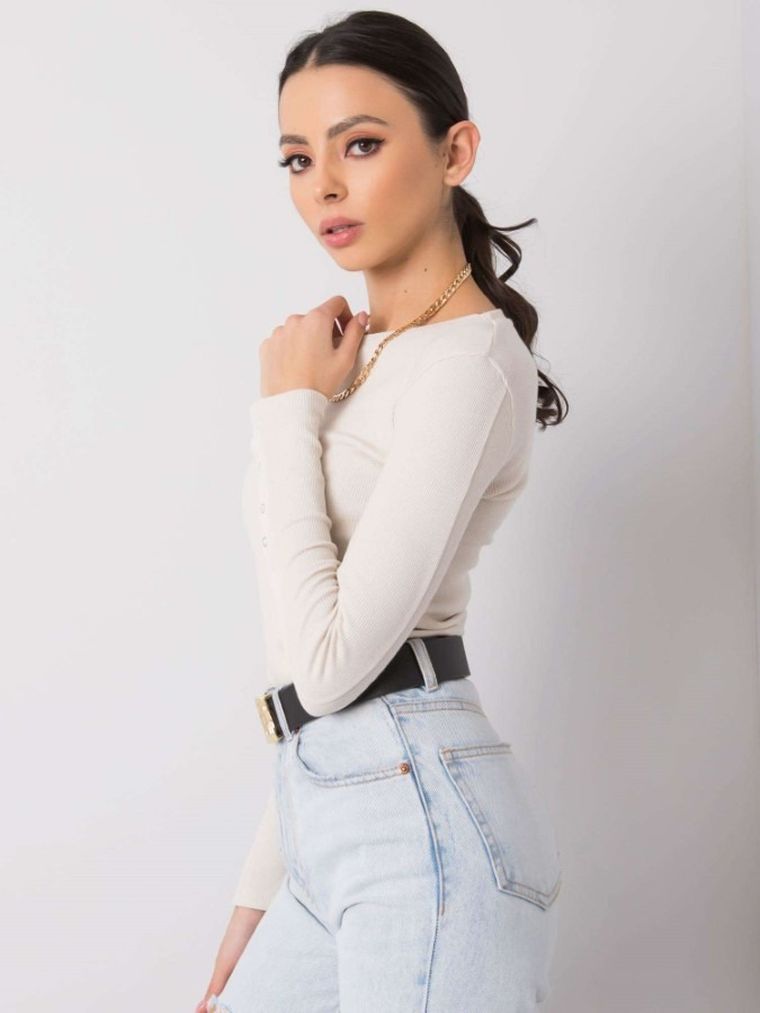 Bluzka damska z długim rękawem, jasnobeżowa, Rue Paris