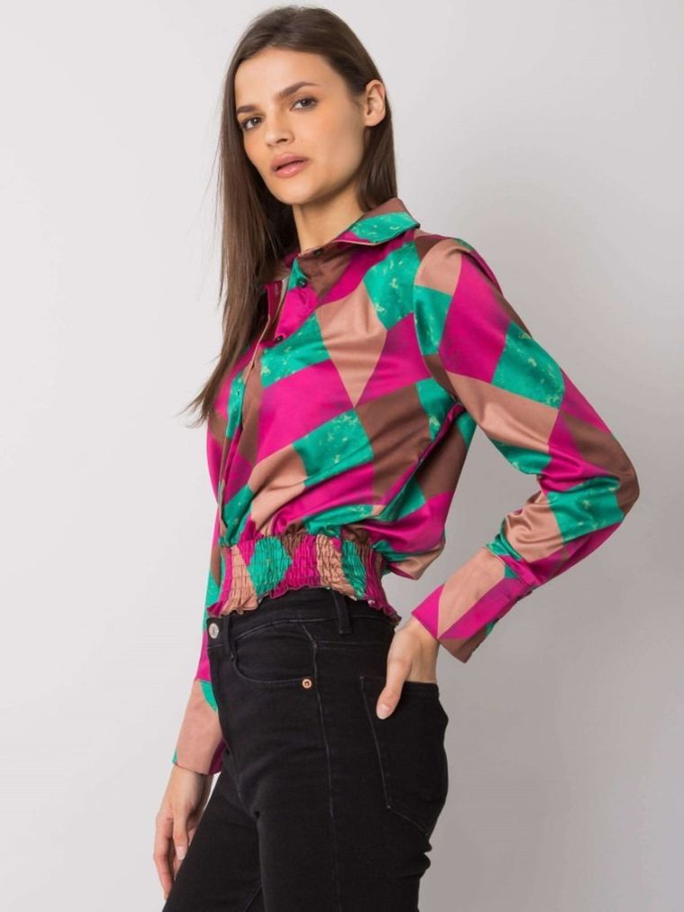 Bluzka damska z długim rękawem, koszulowa, różowa, Italy Moda