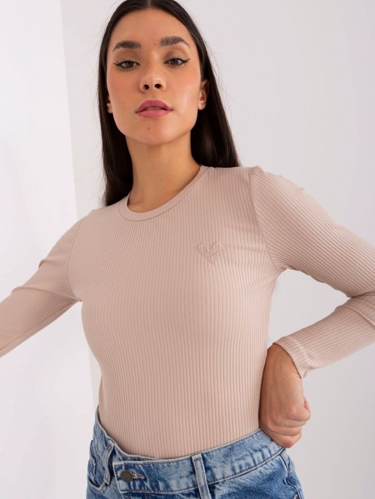 Bluzka damska z długim rękawem, prążkowana, beżowa, Basic Feel Good