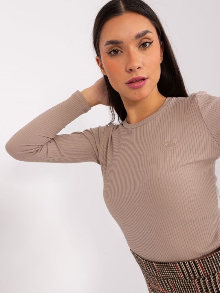 Bluzka damska z długim rękawem, prążkowana, beżowa, Basic Feel Good