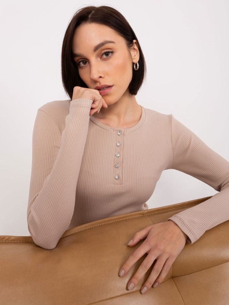 Bluzka damska z długim rękawem, prążkowana, beżowa, Basic Feel Good