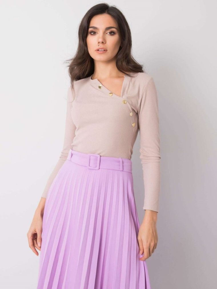 Bluzka damska z długim rękawem, prążkowana, beżowa, Och Bella