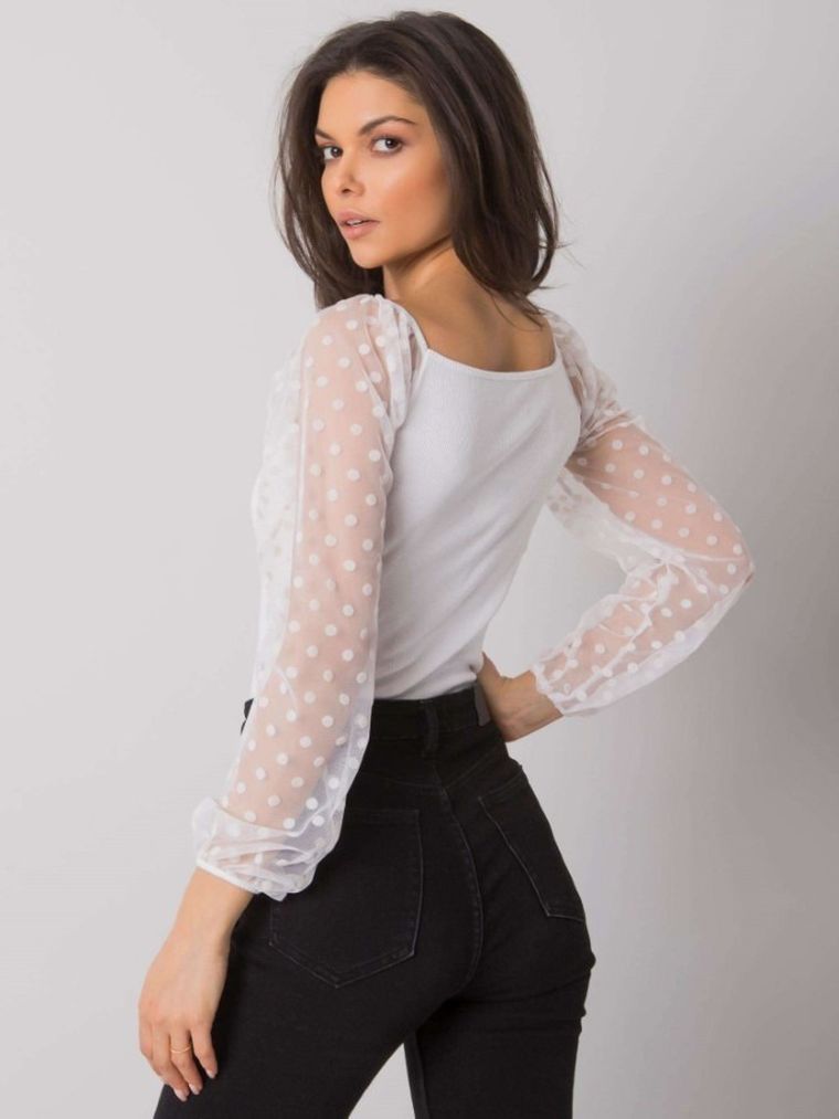 Bluzka damska z długim rękawem, prążkowana, biała, Rue Paris