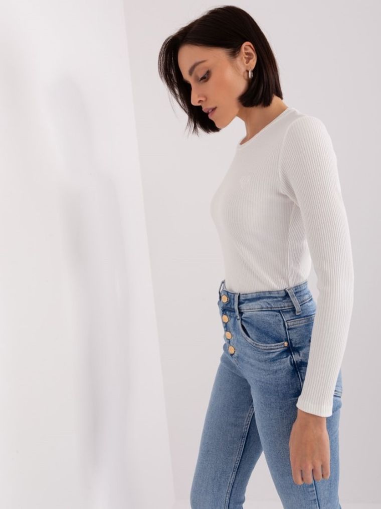 Bluzka damska z długim rękawem, prążkowana, ecru, Basic Feel Good