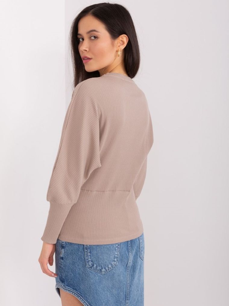 Bluzka damska z długim rękawem, prążkowana, oversize, beżowa, Basic Feel Good