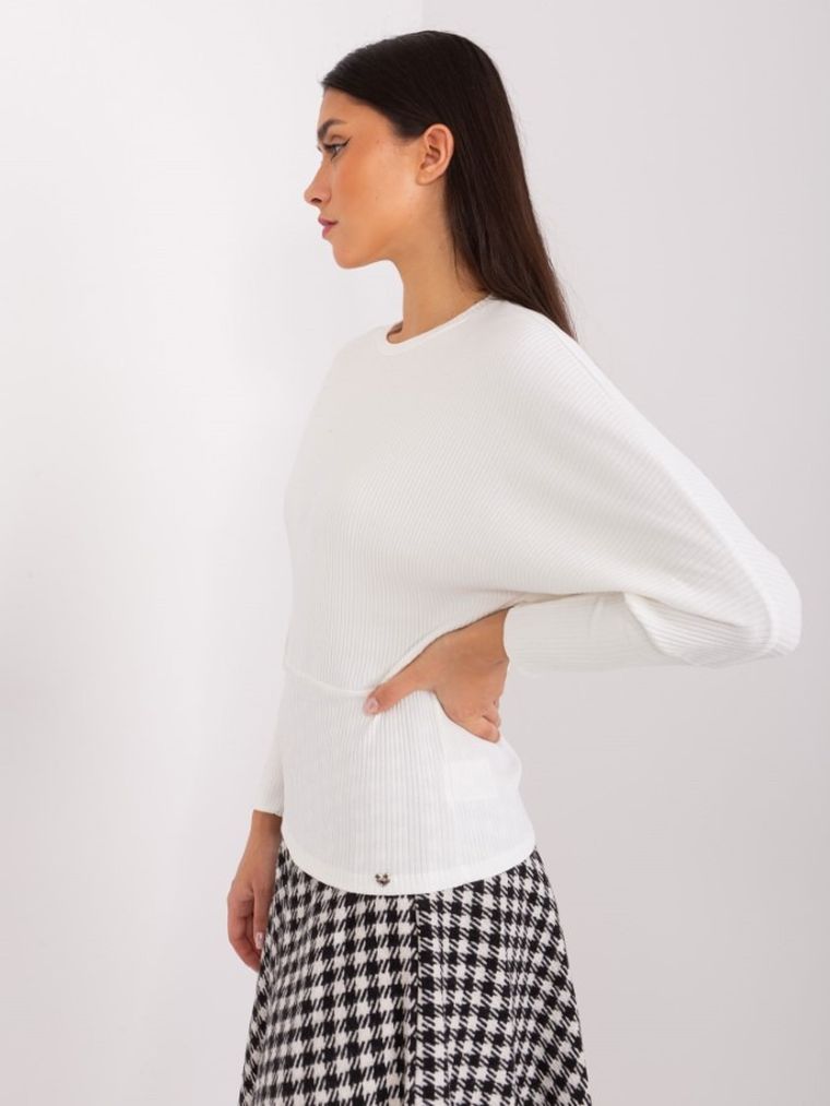 Bluzka damska z długim rękawem, prążkowana, oversize, ecru, Basic Feel Good