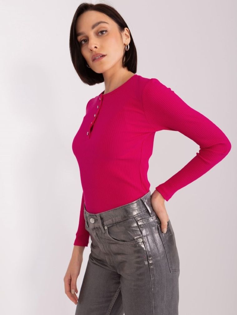 Bluzka damska z długim rękawem, prążkowana, różowa, Basic Feel Good