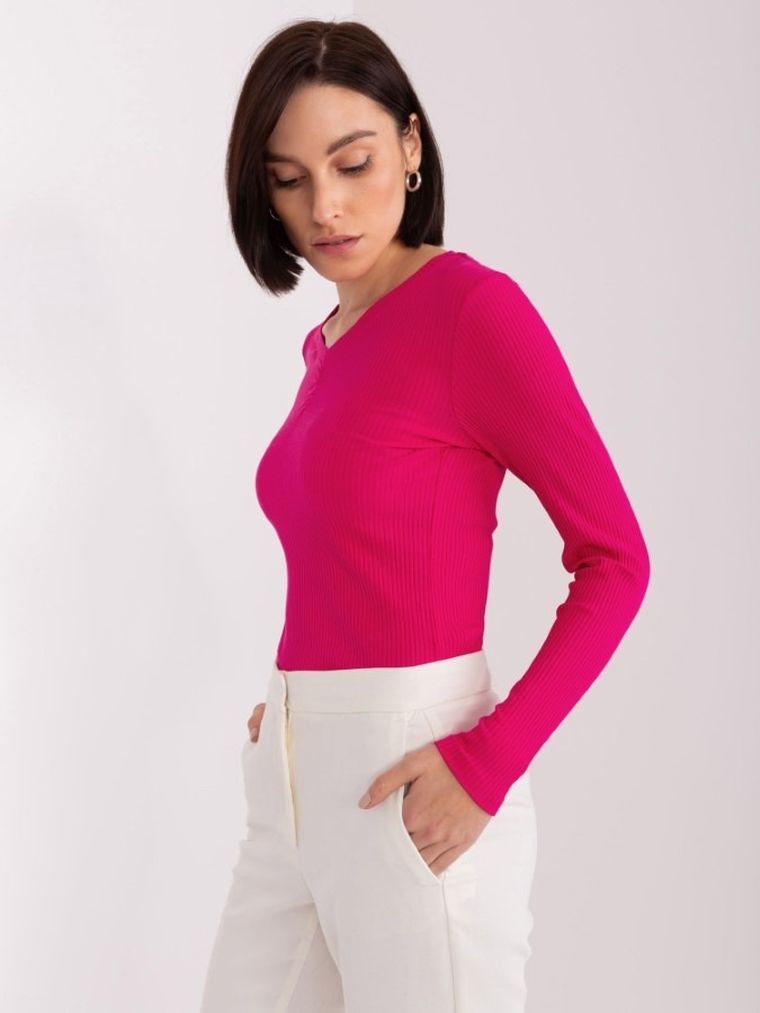 Bluzka damska z długim rękawem, prążkowana, różowa, Basic Feel Good