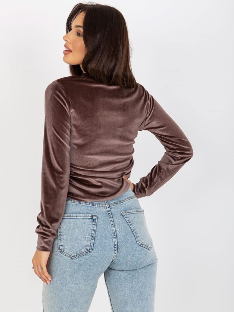 Bluzka damska z długim rękawem, welurowa, brązowa, Lakerta