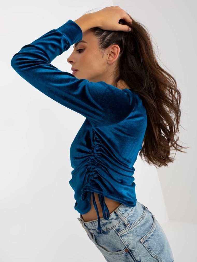 Bluzka damska z długim rękawem, welurowa, niebieska, Lakerta