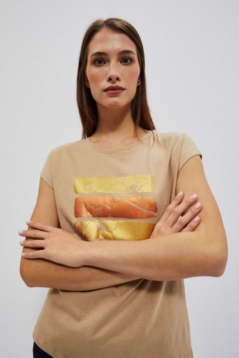 Bluzka damska z krótkim rękawem, beżowa, Moodo