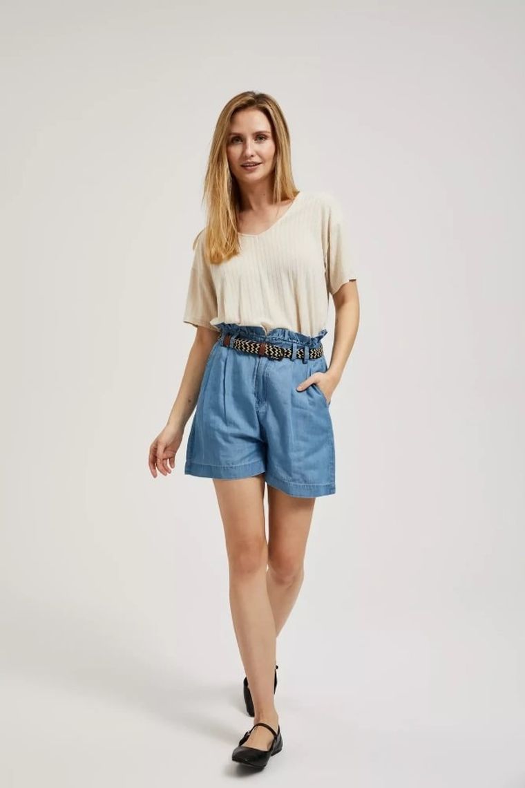 Bluzka damska z krótkim rękawem, beżowa, Moodo