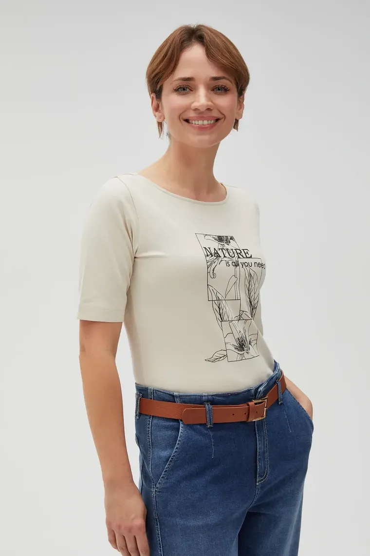 Bluzka damska z krótkim rękawem, beżowa, Moodo