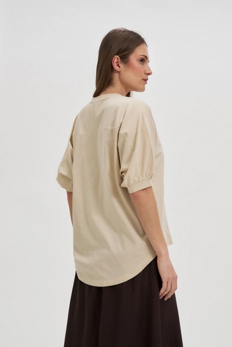 Bluzka damska z krótkim rękawem, beżowa, Moodo