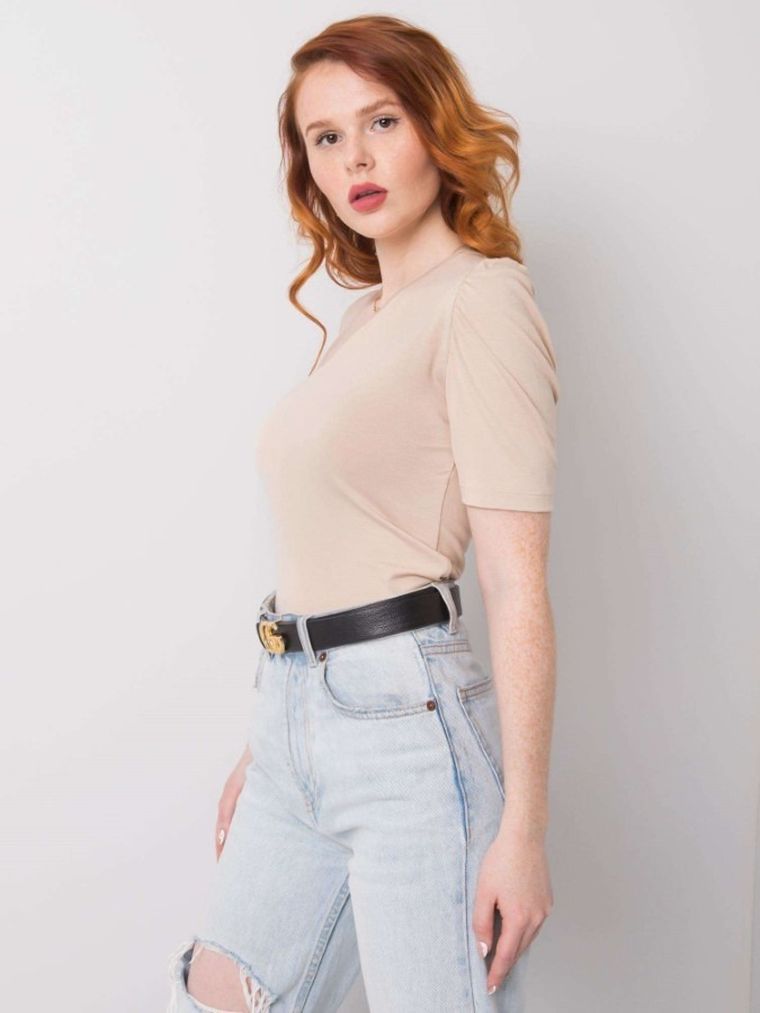 Bluzka damska z krótkim rękawem, beżowa, Rue Paris