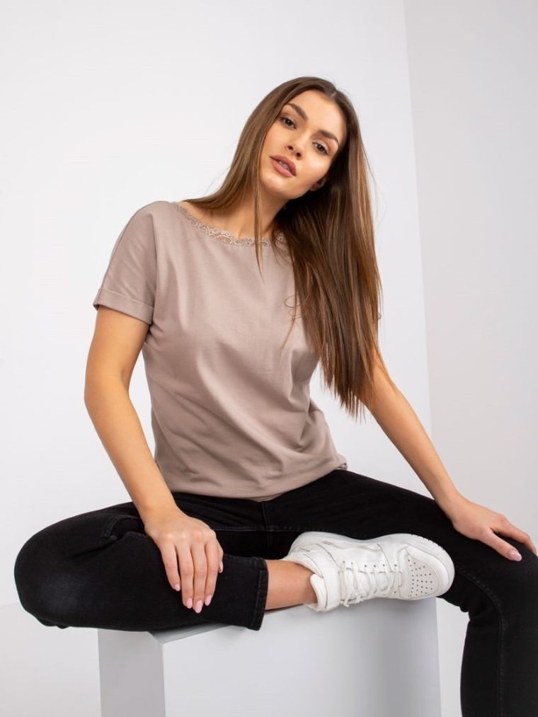 Bluzka damska z krótkim rękawem, beżowa, Rue Paris