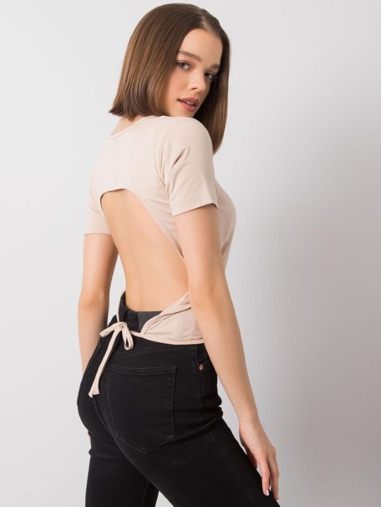 Bluzka damska z krótkim rękawem, beżowa, Rue Paris