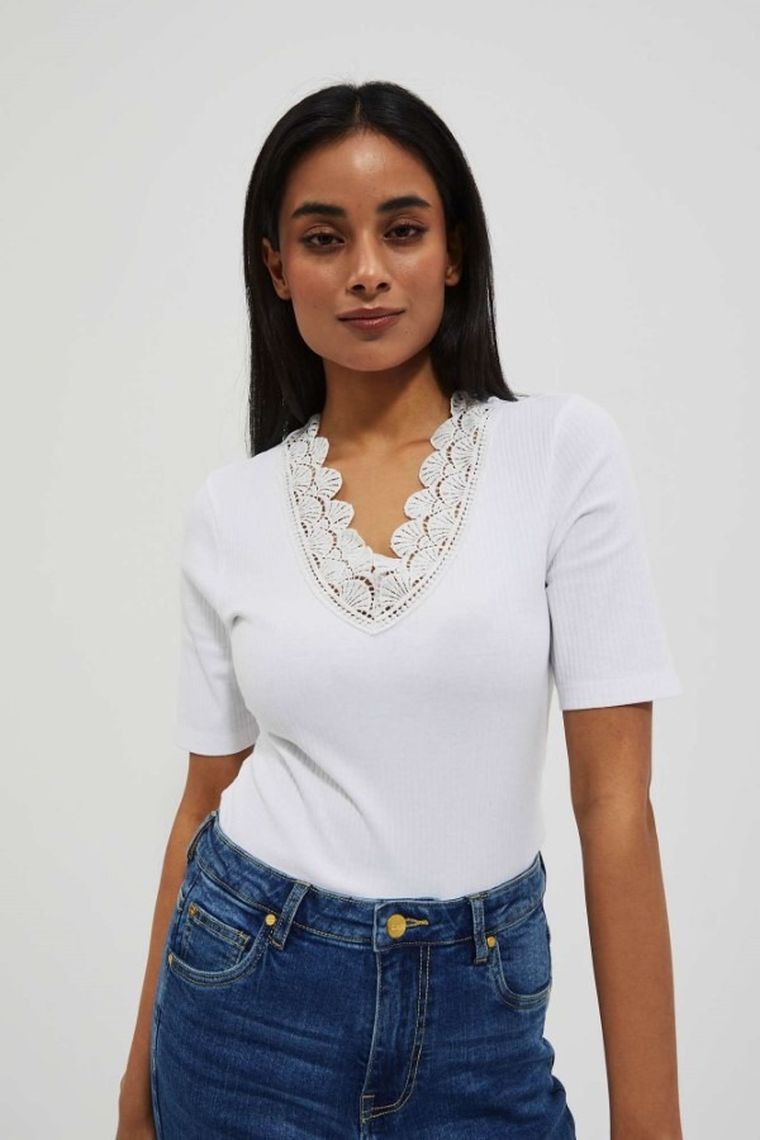 Bluzka damska z krótkim rękawem, biała, Moodo