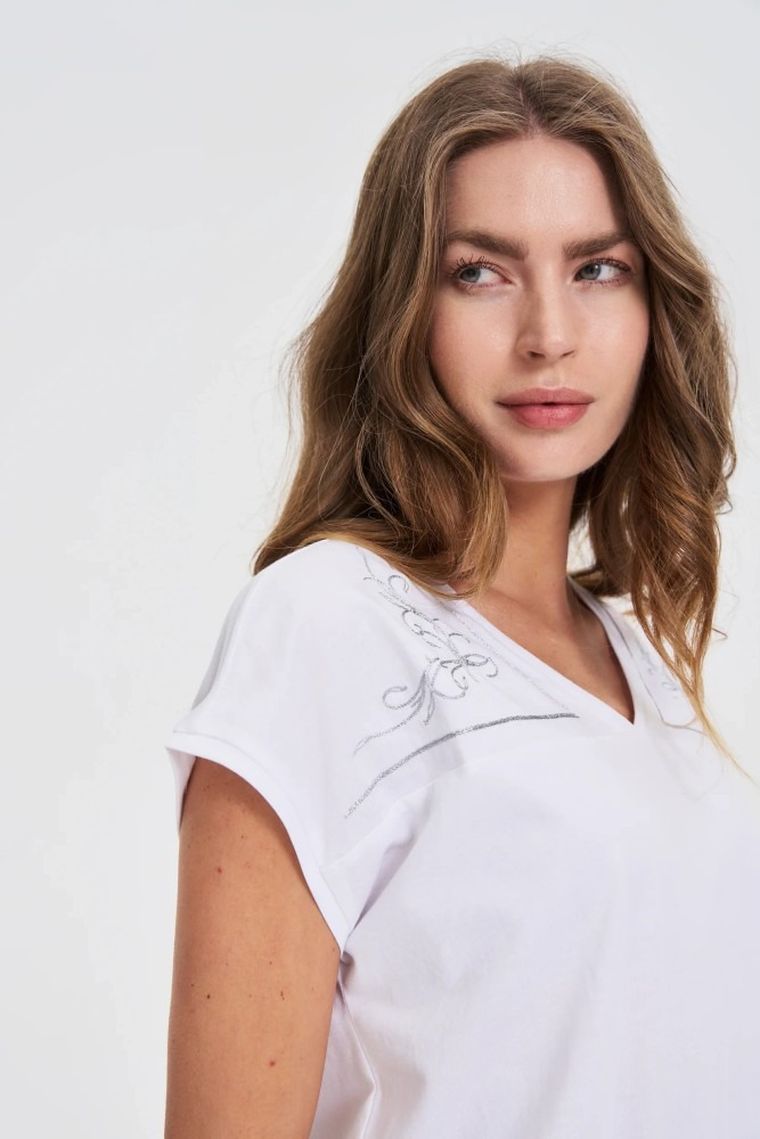 Bluzka damska z krótkim rękawem, biała, Moodo