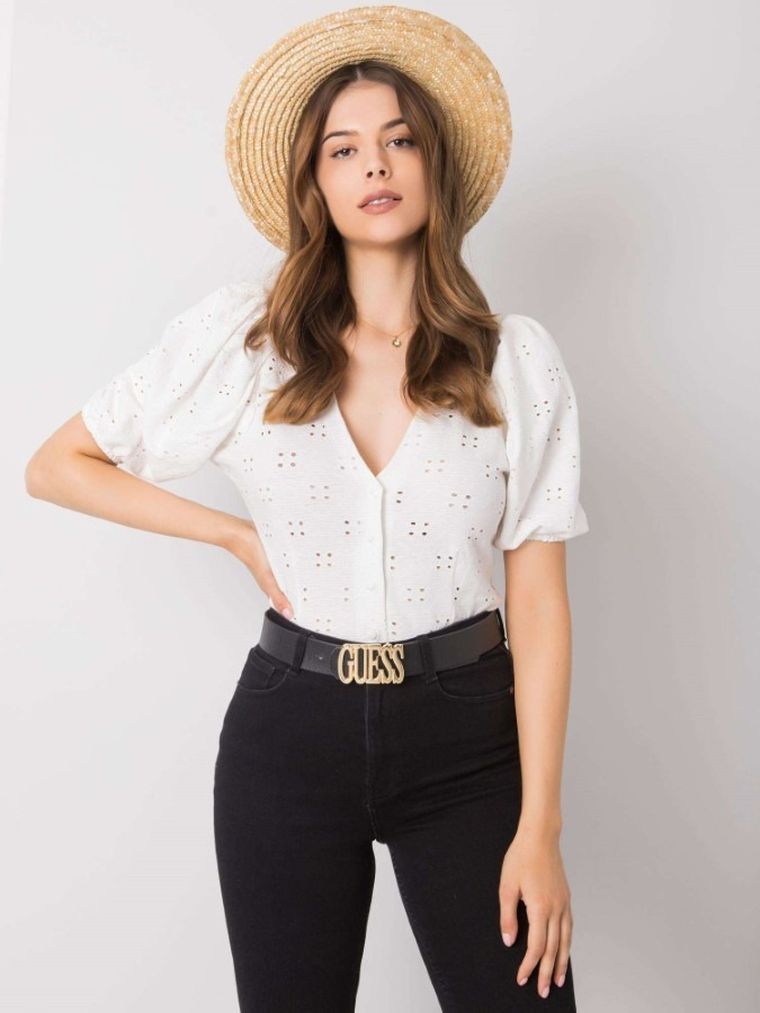 Bluzka damska z krótkim rękawem, biała, Rue Paris