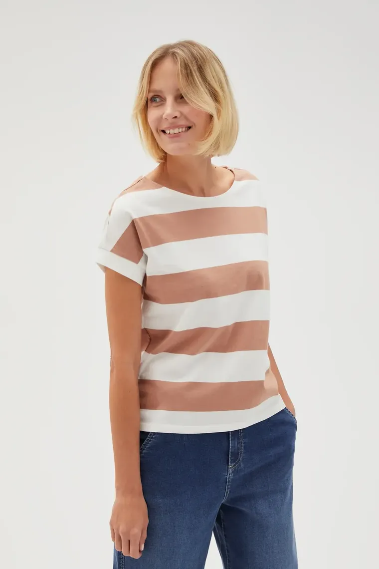Bluzka damska z krótkim rękawem, biało-brązowa, Moodo