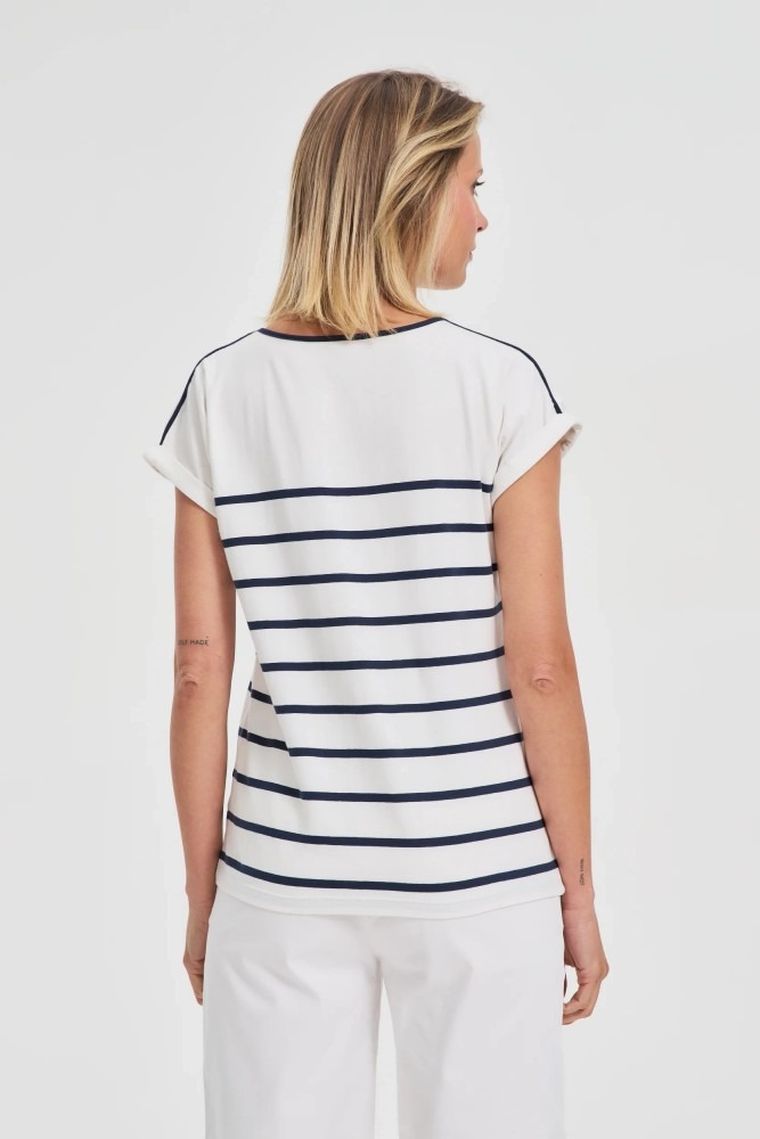 Bluzka damska z krótkim rękawem, biało-granatowa, Moodo