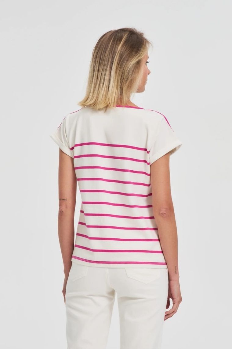 Bluzka damska z krótkim rękawem, biało-różowa, Moodo