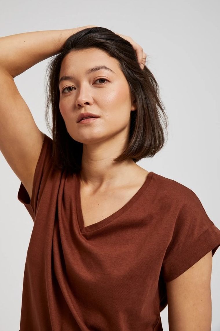 Bluzka damska z krótkim rękawem, brązowa, Moodo