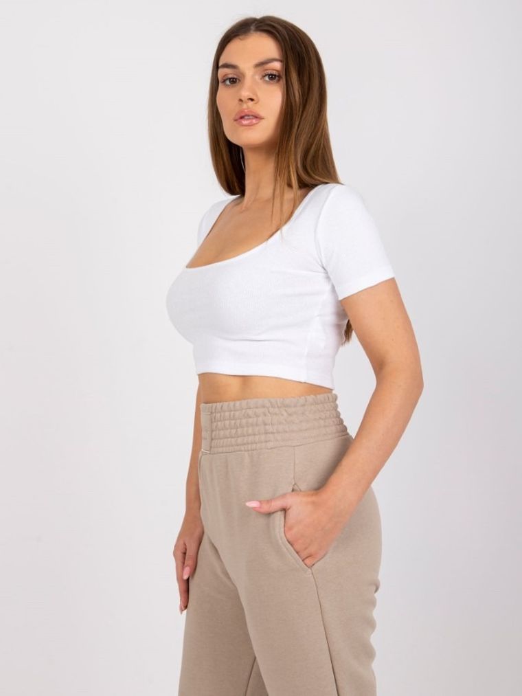 Bluzka damska z krótkim rękawem, crop top, biała, Rue Paris