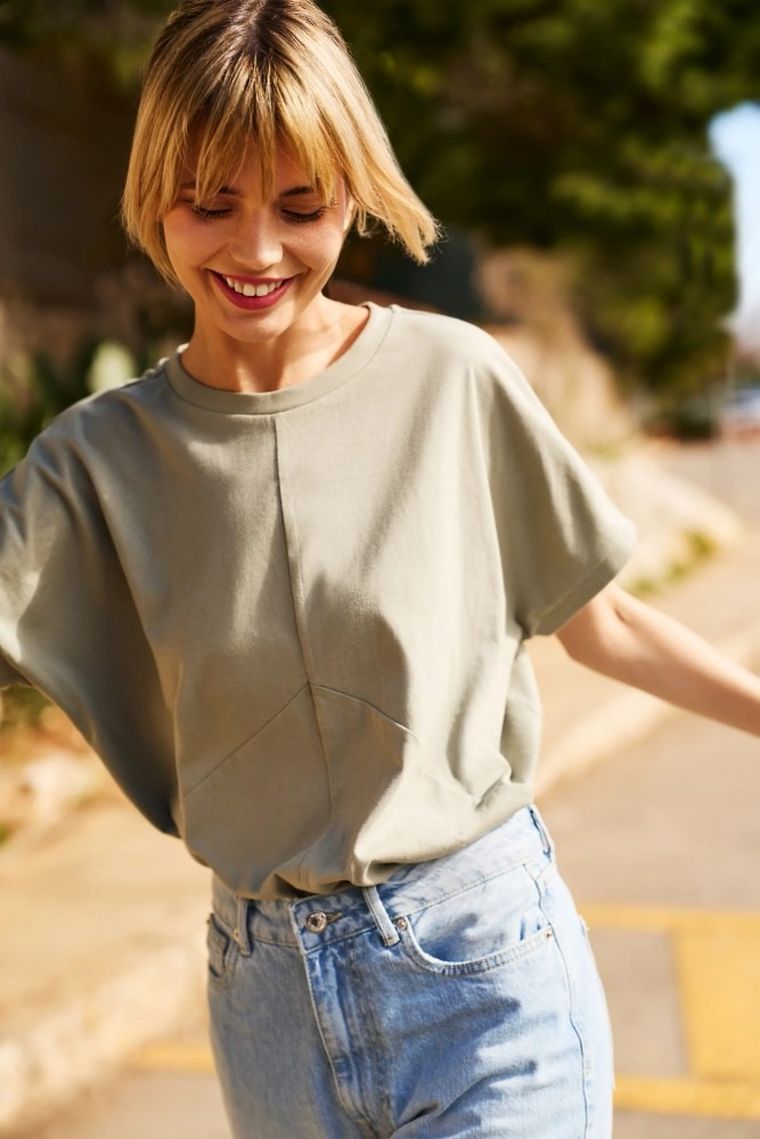 Bluzka damska z krótkim rękawem, khaki, Moodo