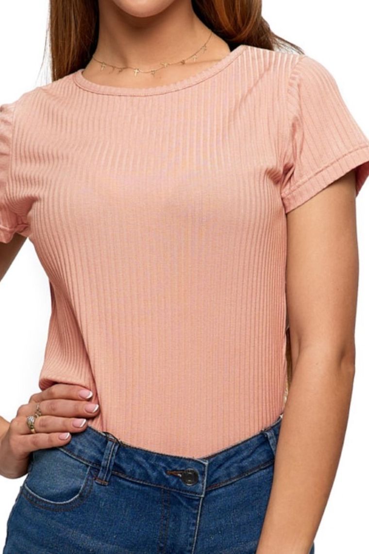 Bluzka damska z krótkim rękawem, prążkowana, brzoskwiniowa, Moraj