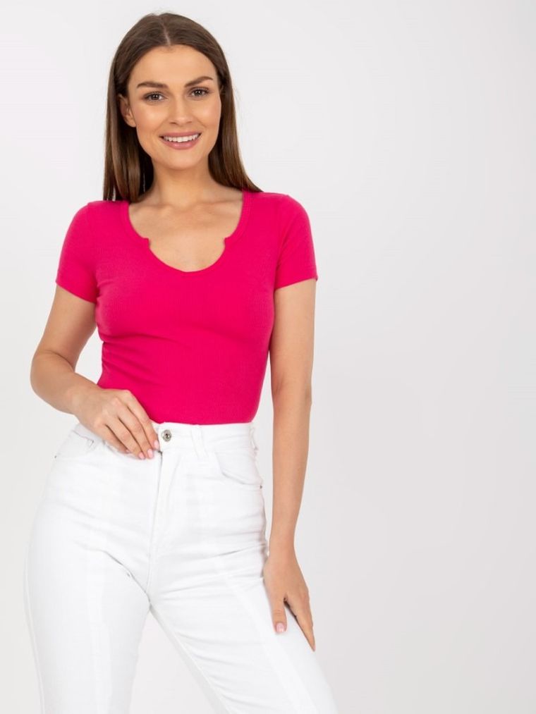 Bluzka damska z krótkim rękawem, prążkowana, różowa, Och Bella
