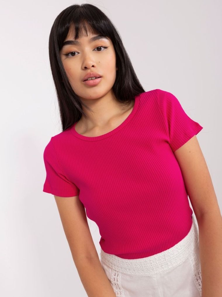 Bluzka damska z krótkim rękawem, prążkowana, różowa, Relevance