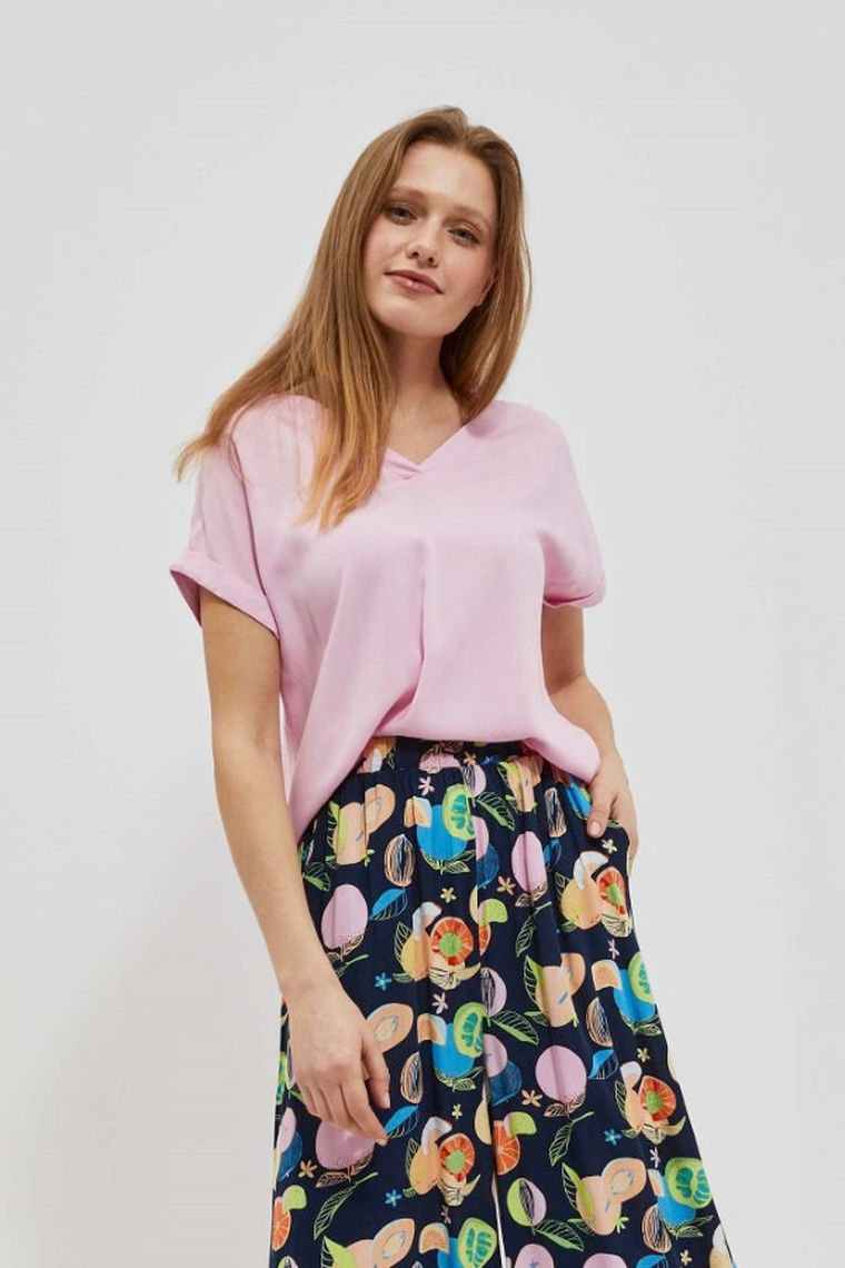 Bluzka damska z krótkim rękawem, różowa, Moodo