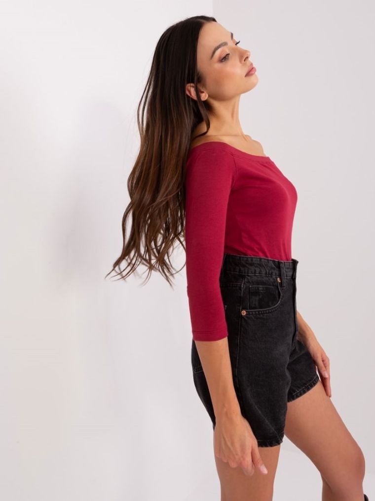 Bluzka damska z rękawem 3/4, bordowa, Basic Feel Good