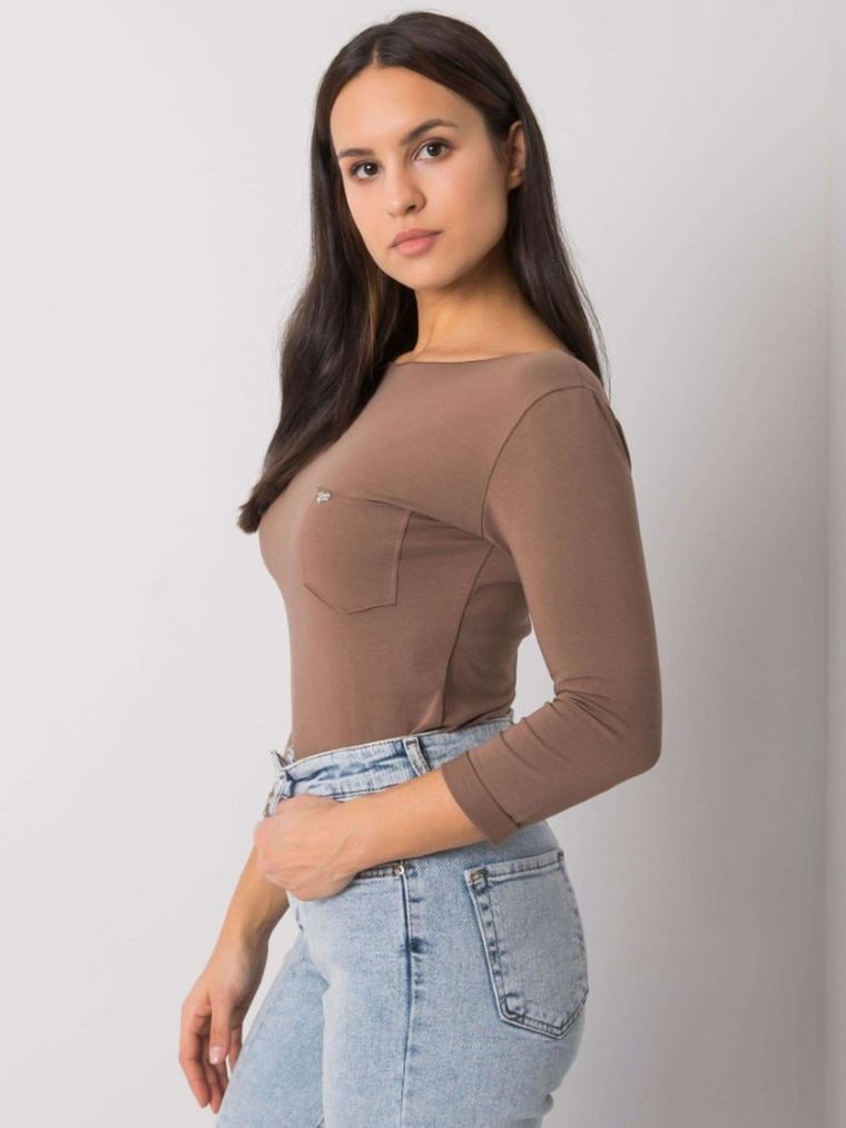 Bluzka damska z rękawem 3/4, brązowa, Basic Feel Good