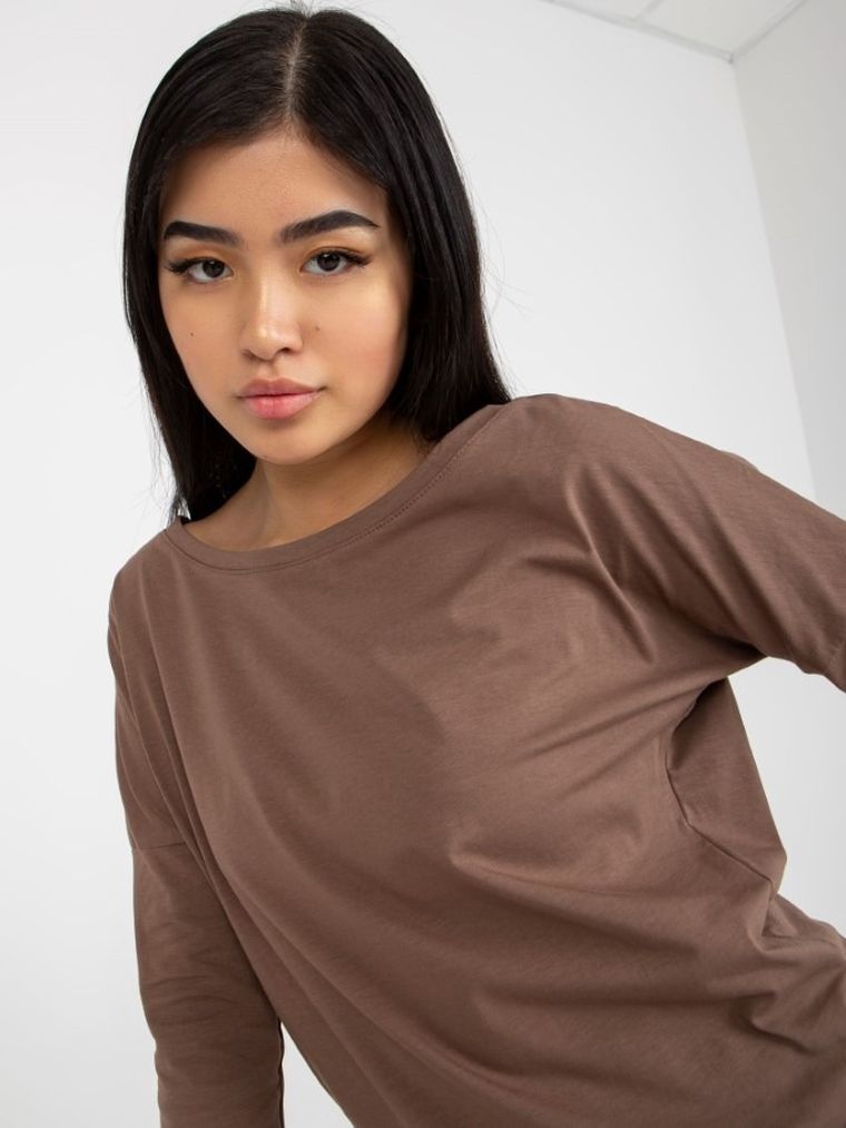 Bluzka damska z rękawem 3/4, brązowa, Basic Feel Good